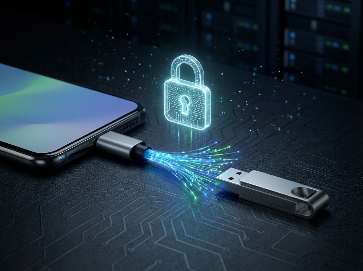 smartphone connected to USB drive via OTG for data management