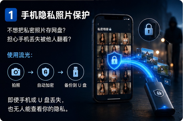 手机隐私照片保护，即使手机或 U 盘丢失， 也无人能查看你的隐私。