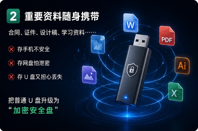 重要资料随身携带。把普通 U 盘升级为“加密安全盘”