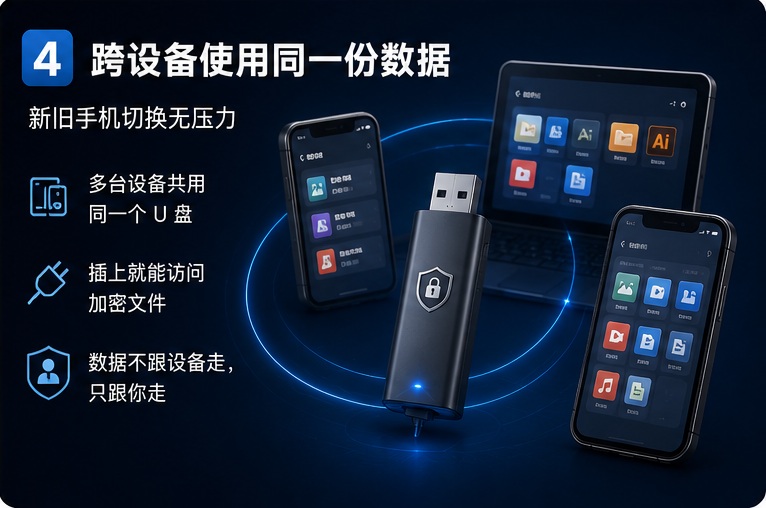 跨设备使用同一份数据。多台设备共用同一个 U 盘，插上就能访问加密文件，数据不跟设备走，只跟你走。